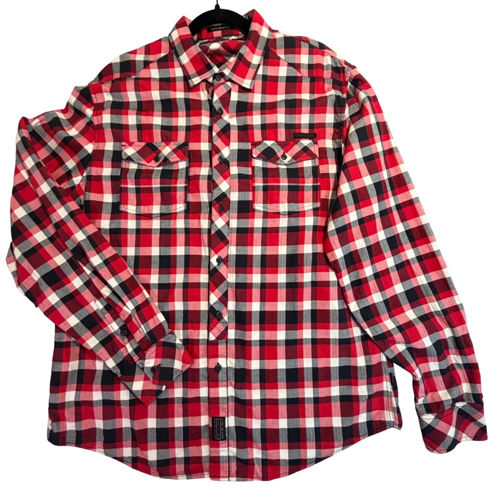 Sean John Mens XXL Tailored Fit Plaid Button Down Shirt‎ Red Black White Cotton